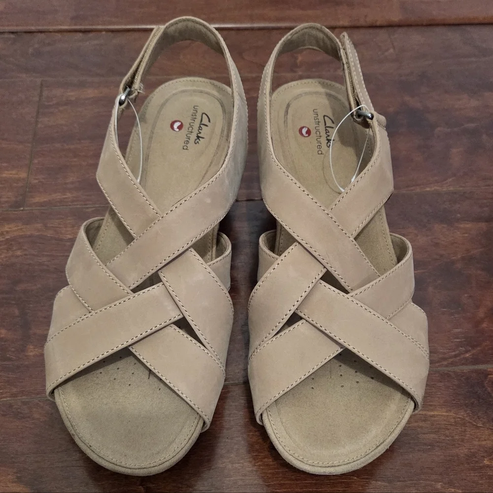 Clarks Unstructured Leather Strappy Wedges Un Capri Step Sand Size 9 Medium